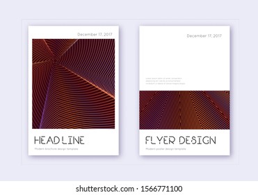 Minimal cover design template set. Orange abstract lines on wine red background. Delightful cover design. Ravishing catalog, poster, book template etc.