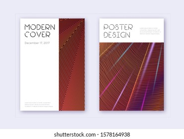 Minimal cover design template set. Orange abstract lines on wine red background. Dazzling cover design. Fascinating catalog, poster, book template etc.