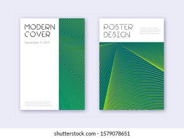 Minimal cover design template set. Green abstract lines on dark background. Cute cover design. Radiant catalog, poster, book template etc.