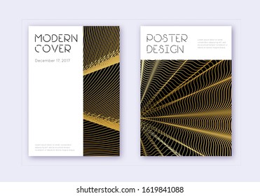 Minimal cover design template set. Gold abstract lines on black background. Cute cover design. Actual catalog, poster, book template etc.