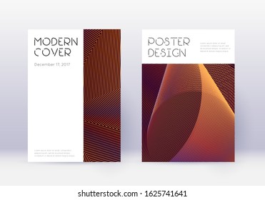 Minimal cover design template set. Orange abstract lines on wine red background. Dazzling cover design. Fine catalog, poster, book template etc.