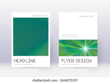 Minimal cover design template set. Green abstract lines on dark background. Delightful cover design. Bold catalog, poster, book template etc.