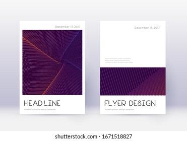Minimal cover design template set. Violet abstract lines on dark background. Dramatic cover design. Original catalog, poster, book template etc.