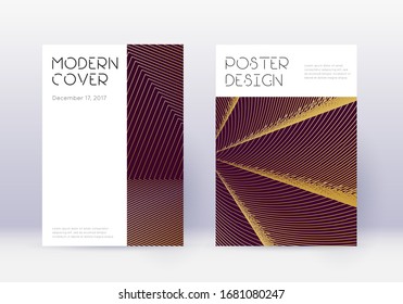 Minimaler Vorlagensatz für Cover-Design. Goldene abstrakte Linien auf Maronhintergrund. Geräumige Abdeckung. Fantastischer Katalog, Poster, Buchvorlage etc.