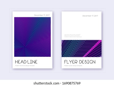 Minimal cover design template set. Neon abstract lines on dark blue background. Delightful cover design. Lively catalog, poster, book template etc.