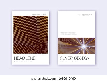 Minimal cover design template set. Gold abstract lines on maroon background. Delicate cover design. Mesmeric catalog, poster, book template etc.