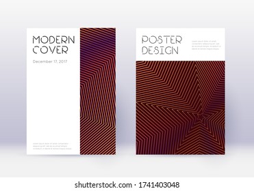 Conjunto mínimo de plantillas de diseño de portada. Líneas abstractas naranjas sobre fondo de color rojo. Diseño de la cubierta deslumbrante. Maravilloso catálogo, afiche, plantilla de libro, etc.