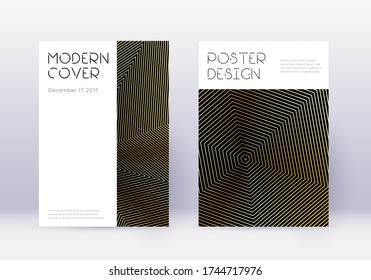 Minimal cover design template set. Gold abstract lines on black background. Curious cover design. Wonderful catalog, poster, book template etc.