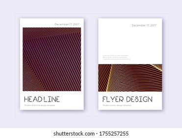 Minimaler Vorlagensatz für Cover-Design. Goldene abstrakte Linien auf Maronhintergrund. Delikates Cover-Design. Ersetzter Katalog, Poster, Buchvorlage etc.