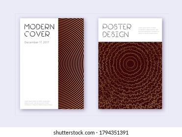 Minimaler Vorlagensatz für Cover-Design. Goldene abstrakte Linien auf Maronhintergrund. Geräumige Abdeckung. Extra Katalog, Poster, Buchvorlage etc.