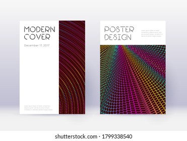 Conjunto mínimo de plantillas de diseño de portada. Líneas abstractas del arcoiris sobre fondo rojo del vino. Diseño de la cubierta decorosa. Catálogo bello, afiche, plantilla de libro, etc.