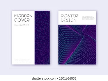 Minimal cover design template set. Neon abstract lines on dark blue background. Dazzling cover design. Amazing catalog, poster, book template etc.