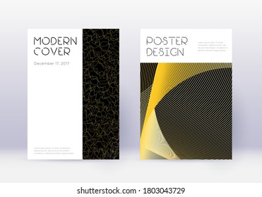 Minimal cover design template set. Gold abstract lines on black background. Cute cover design. Bewitching catalog, poster, book template etc.