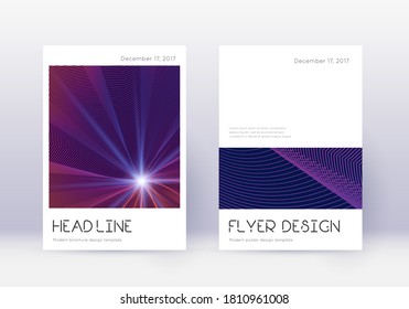 Minimal cover design template set. Violet abstract lines on dark background. Dramatic cover design. Mind-blowing catalog, poster, book template etc.