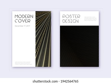 Minimal cover design template set. Gold abstract lines on black background. Cute cover design. Alluring catalog, poster, book template etc.