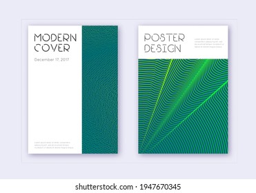 Minimal cover design template set. Green abstract lines on dark background. Cute cover design. Pretty catalog, poster, book template etc.