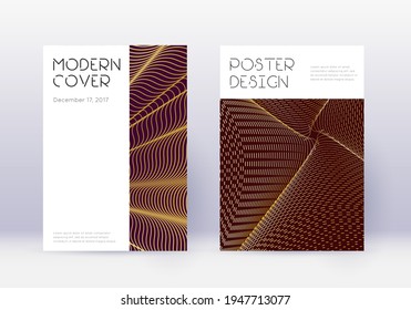 Minimal cover design template set. Gold abstract lines on maroon background. Cute cover design. Exceptional catalog, poster, book template etc.
