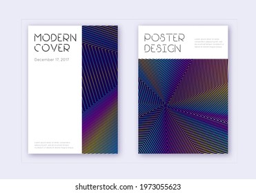 Minimal cover design template set. Rainbow abstract lines on dark blue background. Dazzling cover design. Precious catalog, poster, book template etc.