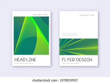 Minimal cover design template set. Green abstract lines on dark background. Delightful cover design. Artistic catalog, poster, book template etc.