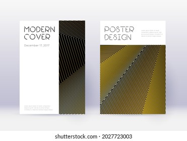 Minimaler Vorlagensatz für Cover-Design. Goldene abstrakte Linien auf schwarzem Hintergrund. Geräumige Abdeckung. Atemberaubender Katalog, Poster, Buchvorlage etc.