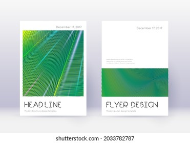 Minimal cover design template set. Green abstract lines on dark background. Delightful cover design. Exotic catalog, poster, book template etc.