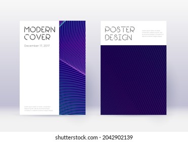Minimal cover design template set. Neon abstract lines on dark blue background. Dazzling cover design. Bizarre catalog, poster, book template etc.