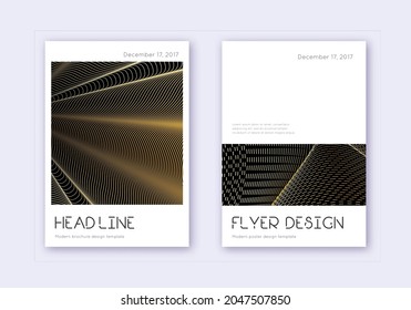 Minimal cover design template set. Gold abstract lines on black background. Delicate cover design. Enchanting catalog, poster, book template etc.