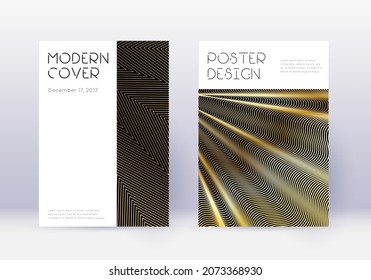 Minimal cover design template set. Gold abstract lines on black background. Curious cover design. Superb catalog, poster, book template etc.