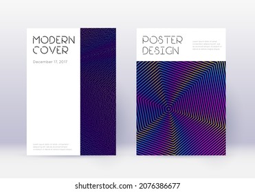 Conjunto mínimo de plantillas de diseño de portada. Líneas abstractas del arcoiris sobre fondo azul oscuro. Diseño de la cubierta decorosa. Catálogo asombroso, afiche, plantilla de libro, etc.