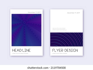 Minimaler Vorlagensatz für Cover-Design. Neon abstrakte Linien auf dunkelblauem Hintergrund. Wunderbares Cover-Design. Beliebter Katalog, Poster, Buchvorlage etc.