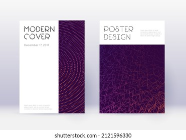 Minimal cover design template set. Violet abstract lines on dark background. Delicate cover design. Attractive catalog, poster, book template etc.