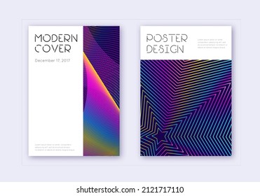Conjunto mínimo de plantillas de diseño de portada. Líneas abstractas del arcoiris sobre fondo azul oscuro. Diseño de la cubierta decorosa. Catálogo atractivo, afiche, plantilla de libro, etc.