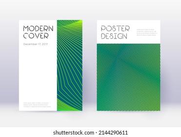 Minimal cover design template set. Green abstract lines on dark background. Cute cover design. Majestic catalog, poster, book template etc.