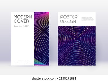 Minimal cover design template set. Rainbow abstract lines on dark blue background. Dazzling cover design. Posh catalog, poster, book template etc.