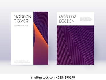 Minimal cover design template set. Violet abstract lines on dark background. Delicate cover design. Appealing catalog, poster, book template etc.