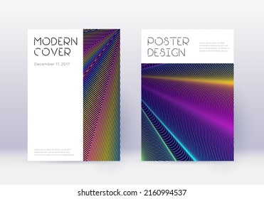Minimal cover design template set. Rainbow abstract lines on dark blue background. Dazzling cover design. Resplendent catalog, poster, book template etc.