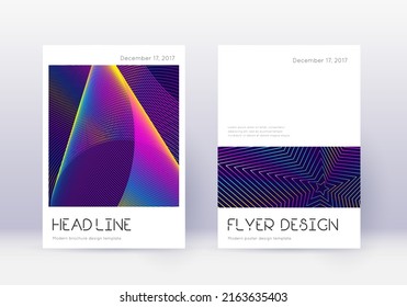 Conjunto mínimo de plantillas de diseño de portada. Líneas abstractas del arcoiris sobre fondo azul oscuro. Diseño de la cubierta divina. Catálogo, afiche, plantilla de libro, etc. favoritos.