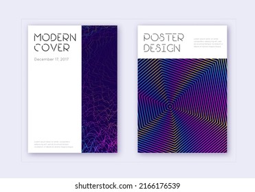 Minimal cover design template set. Rainbow abstract lines on dark blue background. Dazzling cover design. Popular catalog, poster, book template etc.
