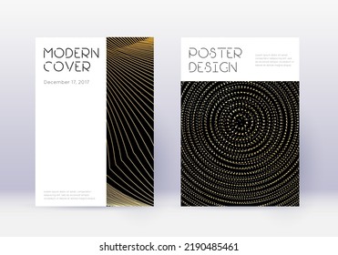 Conjunto mínimo de plantillas de diseño de portada. Líneas abstractas de oro sobre fondo negro. Diseño de la cubierta. Catálogo atractivo, afiche, plantilla de libro, etc.