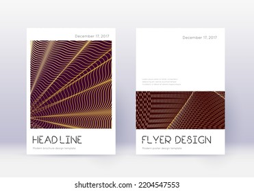Minimal cover design template set. Gold abstract lines on maroon background. Delicate cover design. Precious catalog, poster, book template etc.