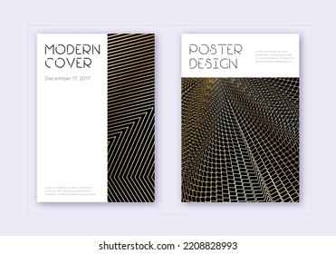 Minimal cover design template set. Gold abstract lines on black background. Curious cover design. Shapely catalog, poster, book template etc.