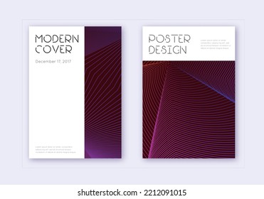 Minimal cover design template set. Violet abstract lines on dark background. Delicate cover design. Astonishing catalog, poster, book template etc.