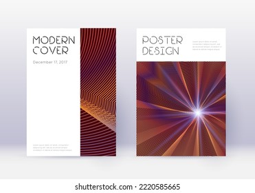 Conjunto mínimo de plantillas de diseño de portada. Líneas abstractas naranjas sobre fondo de color rojo. Diseño de la cubierta deslumbrante. Catálogo agradable, afiche, plantilla de libro, etc.
