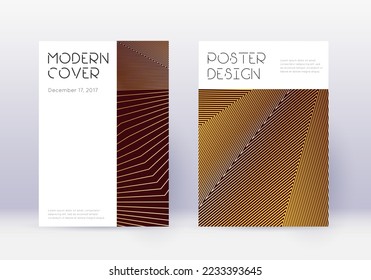 Minimaler Vorlagensatz für Cover-Design. Goldene abstrakte Linien auf Maronhintergrund. Geräumige Abdeckung. Großer Katalog, Poster, Buchvorlage etc.