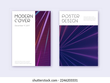 Minimal cover design template set. Violet abstract lines on dark background. Delicate cover design. Comely catalog, poster, book template etc.