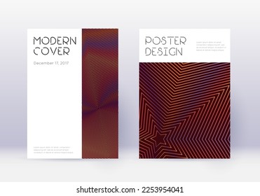 Minimal cover design template set. Orange abstract lines on wine red background. Dazzling cover design. Lovely catalog, poster, book template etc.