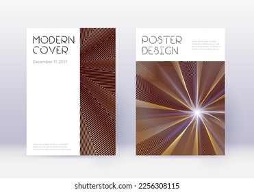 Minimal cover design template set. Gold abstract lines on maroon background. Cute cover design. Ideal catalog, poster, book template etc.