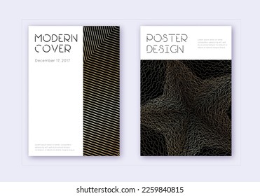 Conjunto mínimo de plantillas de diseño de portada. Líneas abstractas de oro sobre fondo negro. Diseño curioso de la cubierta. Catálogo vibrante, afiche, plantilla de libro, etc.