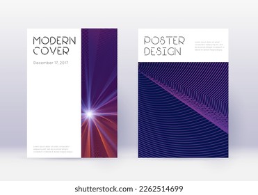 Minimal cover design template set. Violet abstract lines on dark background. Delicate cover design. Cool catalog, poster, book template etc.