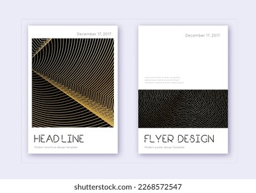 Minimal cover design template set. Gold abstract lines on black background. Delicate cover design. Fabulous catalog, poster, book template etc.